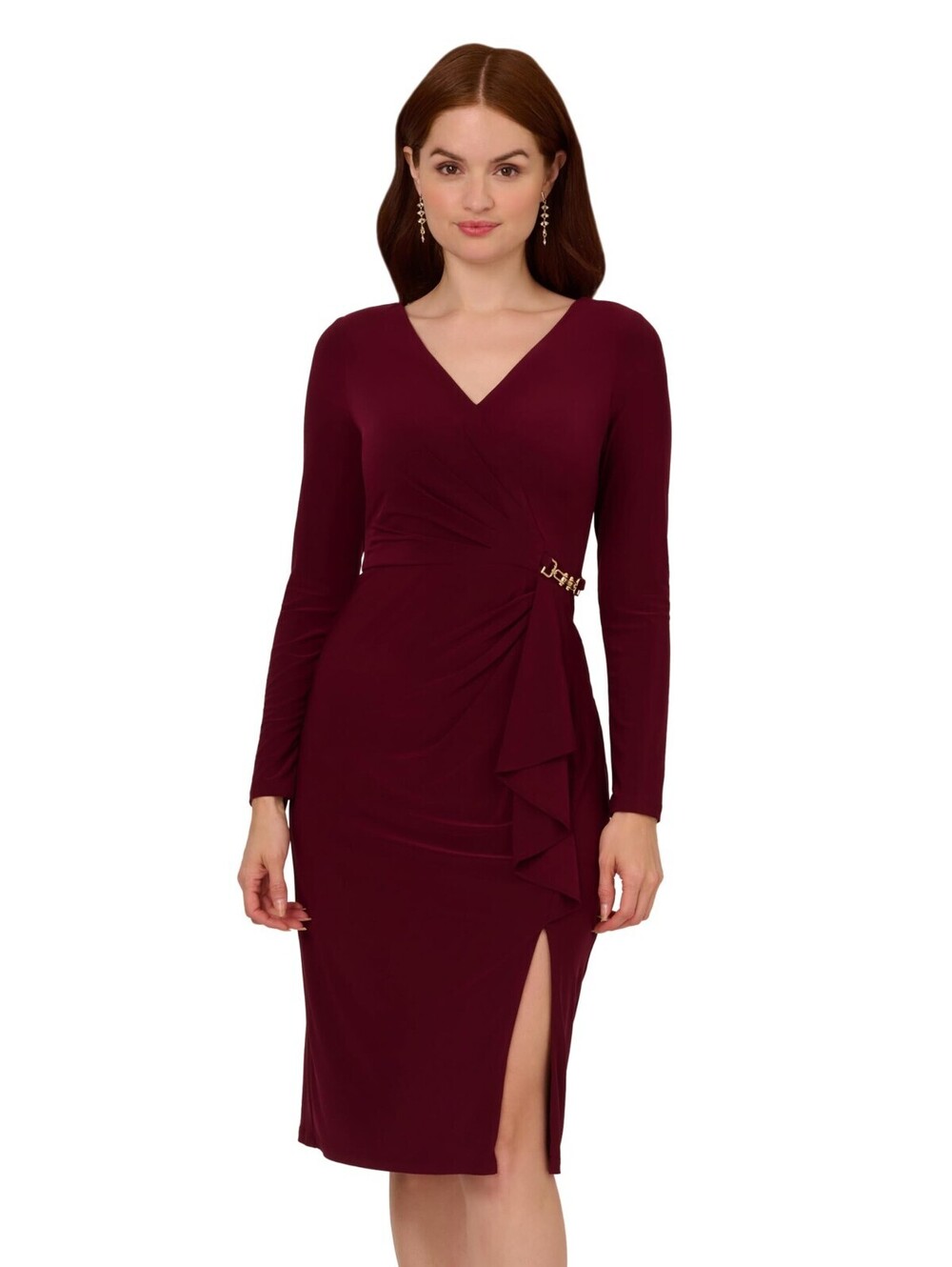 Adrianna Papell Wine Burgundy Long Sleeve Wrap Dress Ruched Gold Hardware Sz 12 - Picture 2 of 7